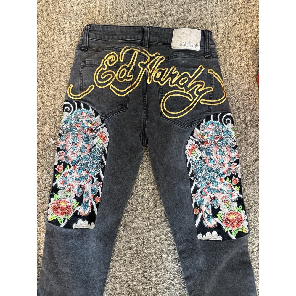 Ed Hardy Size 28 Black Japan Lion Slim Straight Denim Jeans